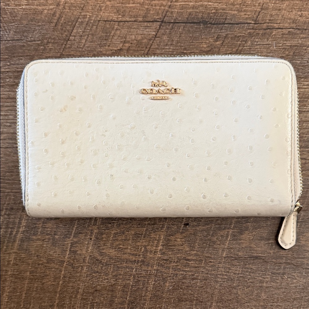 Coach Cream Zip-Around Wallet with Gold Logo
